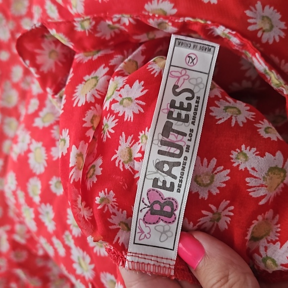 Red Daisy Print Lace Cutout Tank Top Blouse - Picture 8 of 9